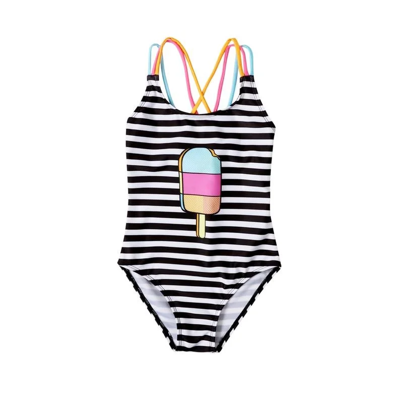 2020 Bandage Swimsuit Kid Baby Girl One-Piece Swimwear Striped Ice Cream Quick-Drying Stretch Swimwear Suitable Resort Hot Beach