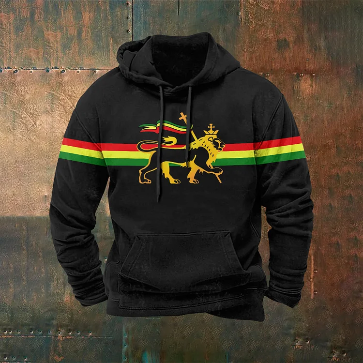 Wearshes Retro Stripe Reggae Lion Print Graphic Hoodie