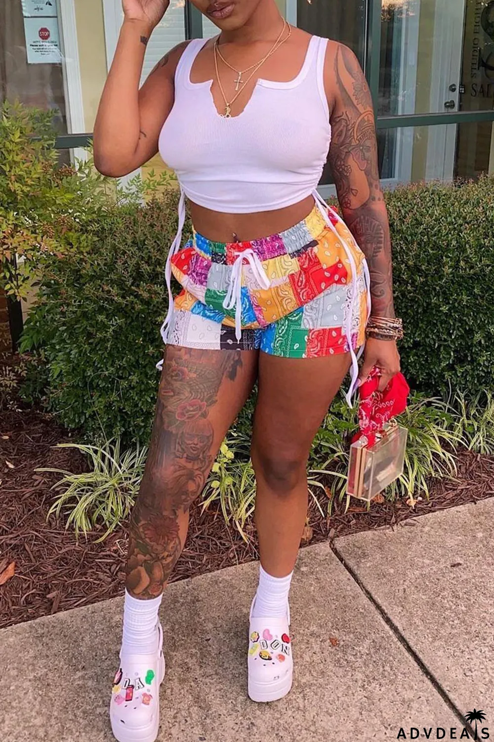 Grey Sexy Print Ripped Contrast Spaghetti Strap Sleeveless Two Pieces