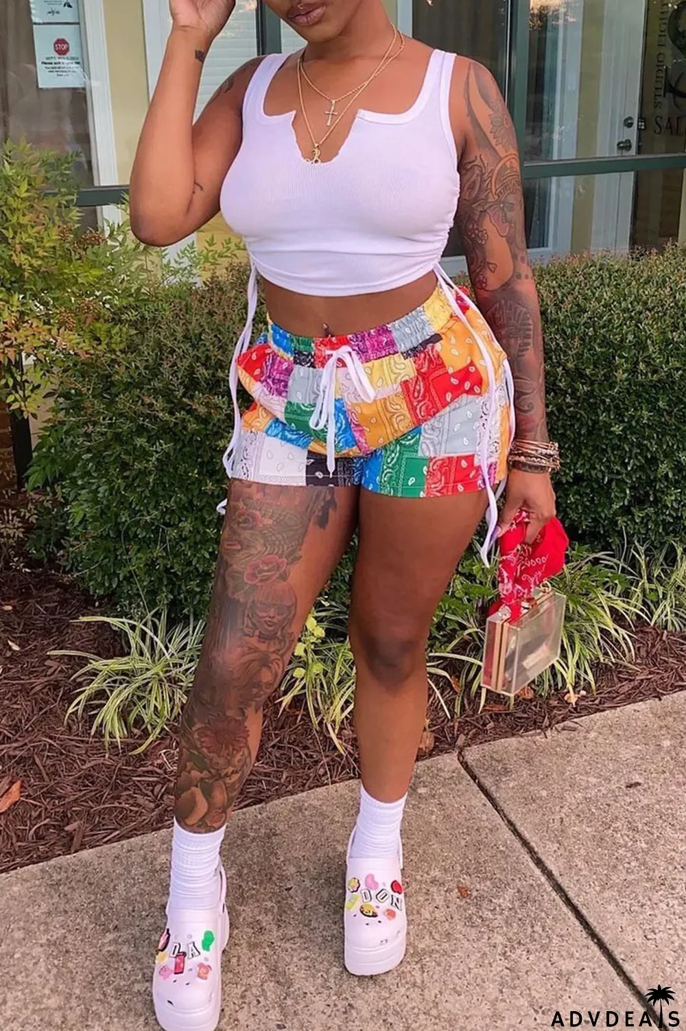 Grey Sexy Print Ripped Contrast Spaghetti Strap Sleeveless Two Pieces