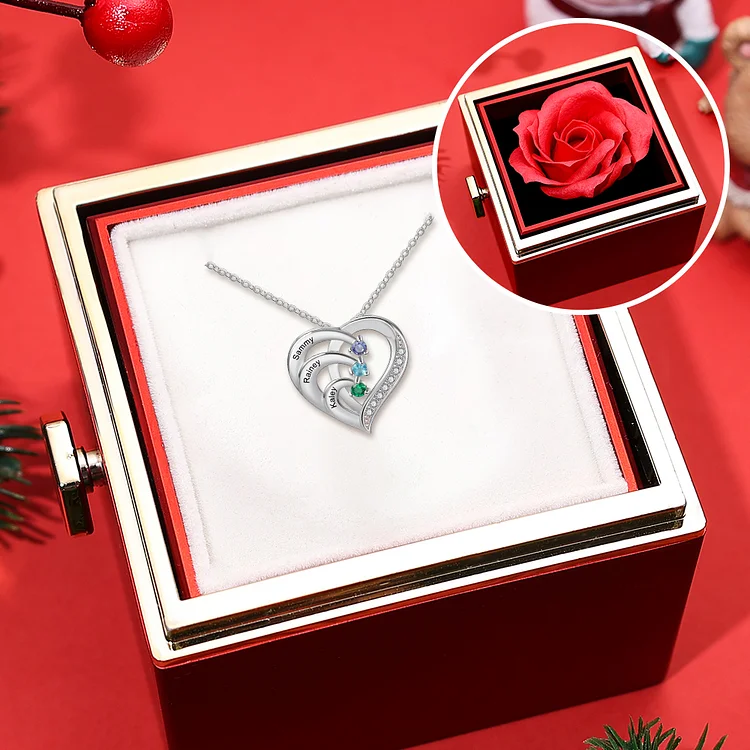 3 Names-Personalized S925 Silver Birthstone Necklace Set With Rose Gift Box Engraved 3 Names-Custom Birthstone Intertwined Heart Pendant Gifts for Her