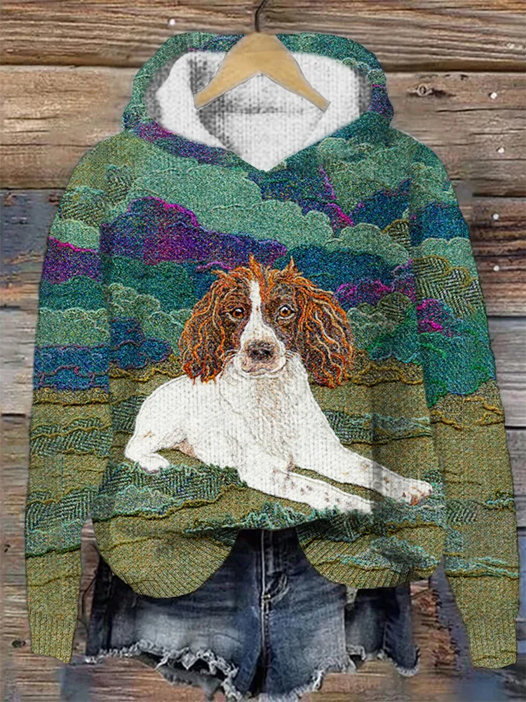 Comstylish Field & Dog Pattern Hooded Knit Sweater
