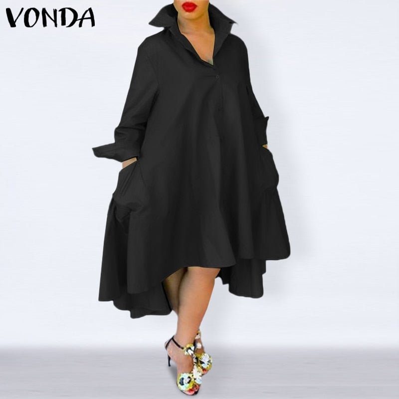 Spring Loose Midi Dress Casual Women Dress 2022 VONDA Bohemian Sundress Vestidos Elegant Sundress Robe Femme