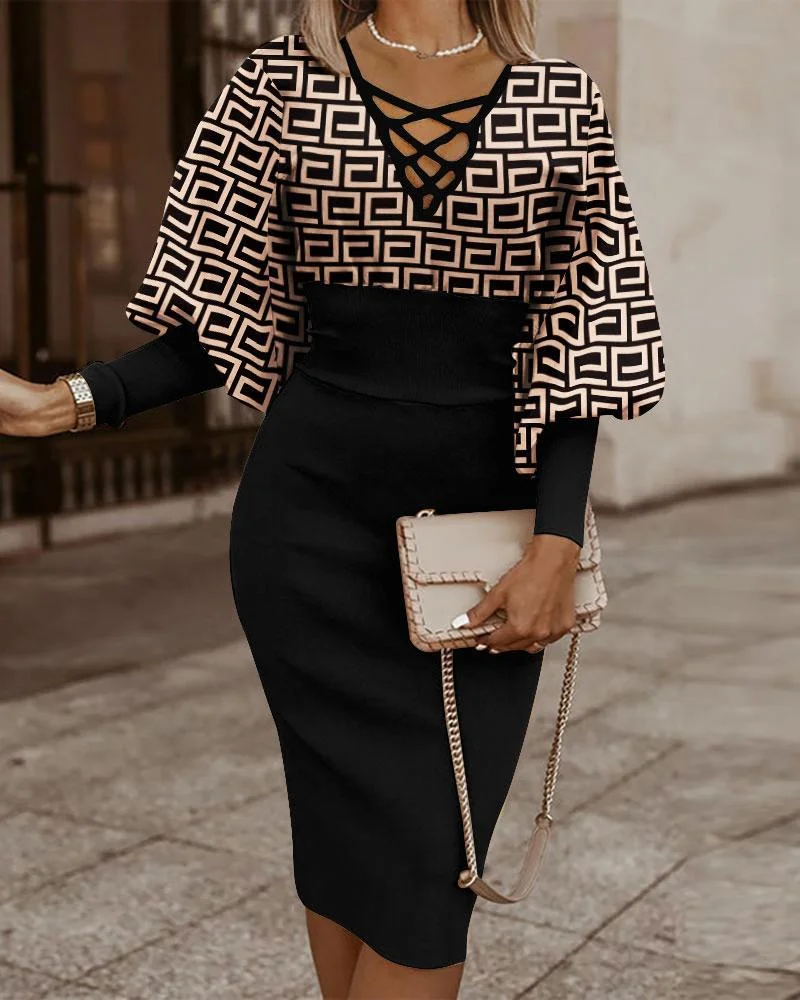 Winter Fashion Print Dress Women fashion V-Neck Long Sleeve Pencil Dress Elegant Temperament Slim Dress Women Vestidos