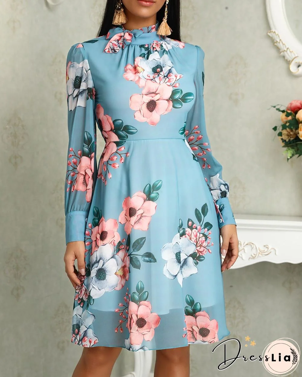 Floral Print Long Sleeve Tied Neck Dress P11881