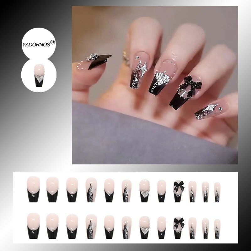 Medium Coffin Nails 24pcs Black Pre Decorated Nails With Designs Heart Artificial Nails For Girls Wearable Full Cover Nail Tips