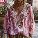 Bohemian Three-dimensional Pink Floral Sequin V-neck Long-sleeved Top - Image 4