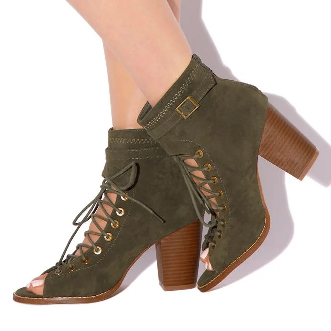 Olive Lace Up Boots Vegan Suede Peep Toe Block Heel Booties for Women |FSJ Shoes