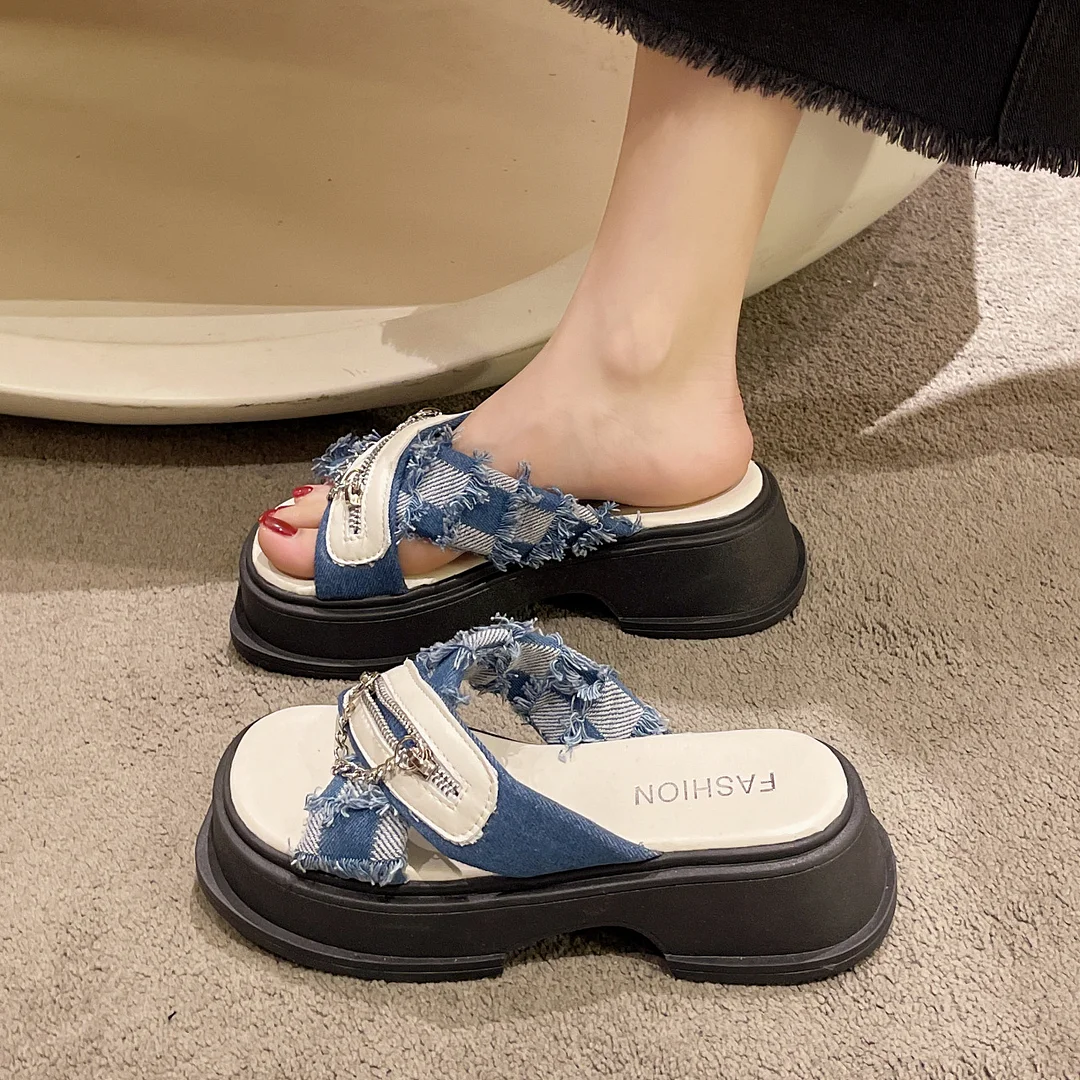 Tanguoant Tanguoant Platform Cake Slippers Women Wear Ins Tide Summer 2023 New Korean Version Chain Cross-Word Cool Slippers