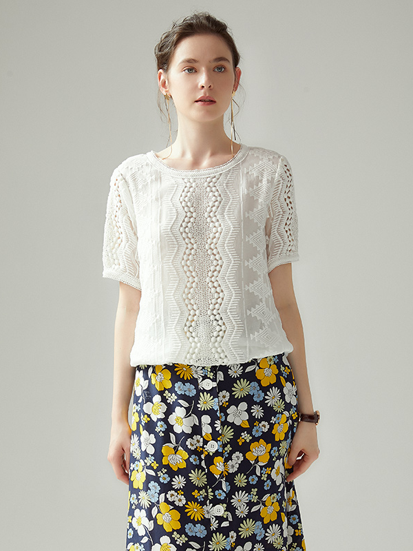 T-shirt en soie blanche broderie creuse haut de gamme- SOIE PLUS
