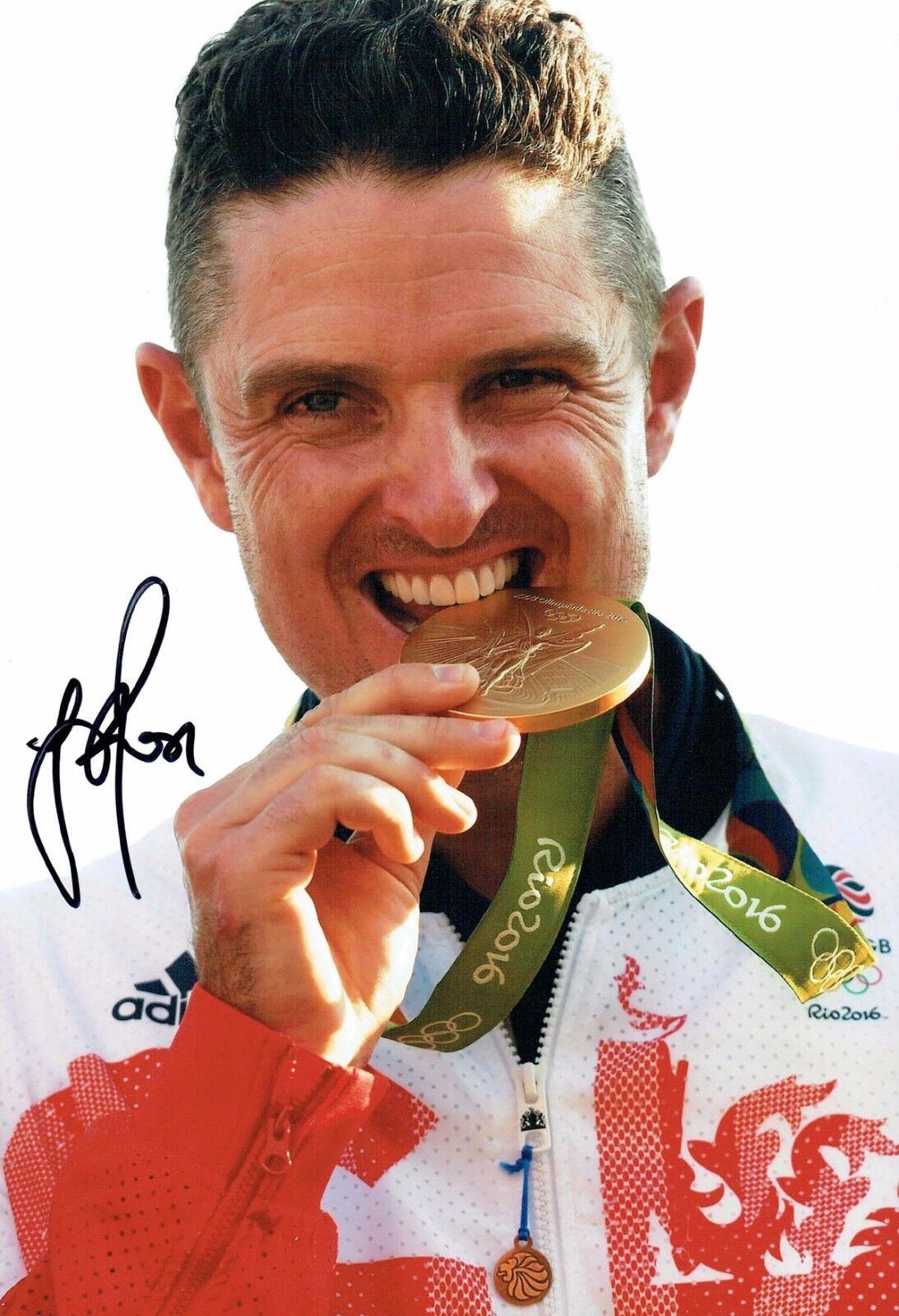 Justin ROSE SIGNED 12x8 Photo Poster painting AFTAL 1 Autograph COA Golf GB Olympics Gold Medal