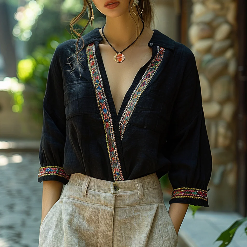 Ethnic Style V-neck Linen Shirt, Comfortable, Lazy And Breathable Linen Cardigan Top