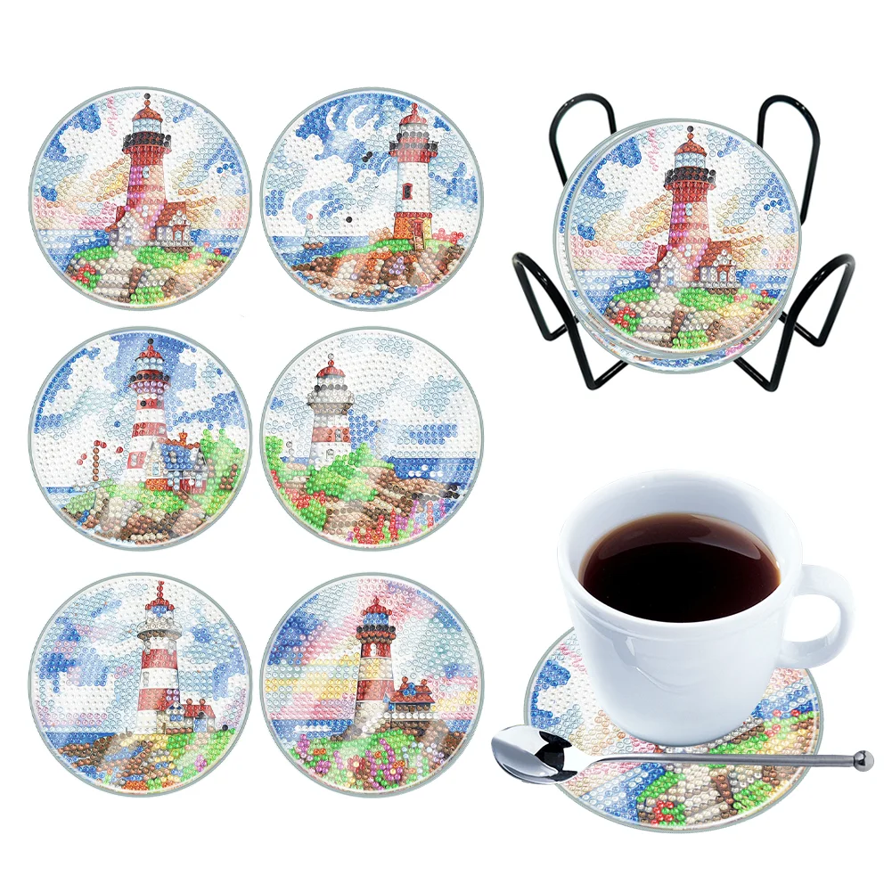 [Upgrade - Waterproof Coaster]6pcs DIY Lighthouse Acrylic Special Shape Diamond Painting Art Coaster Kit with Holder(With Covers)
