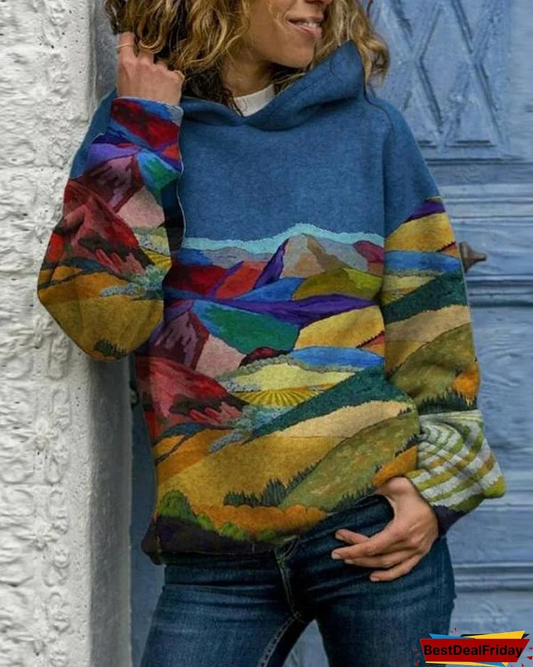 Landscape Printed Long Sleeve Hoodie Women Sweatshirts