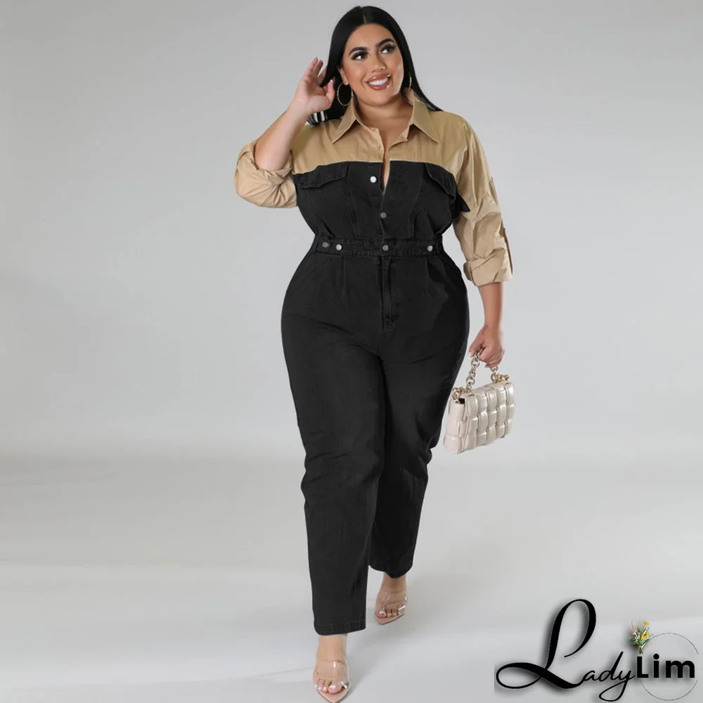 Plus Size Women's Denim Contrast Jumpsuit