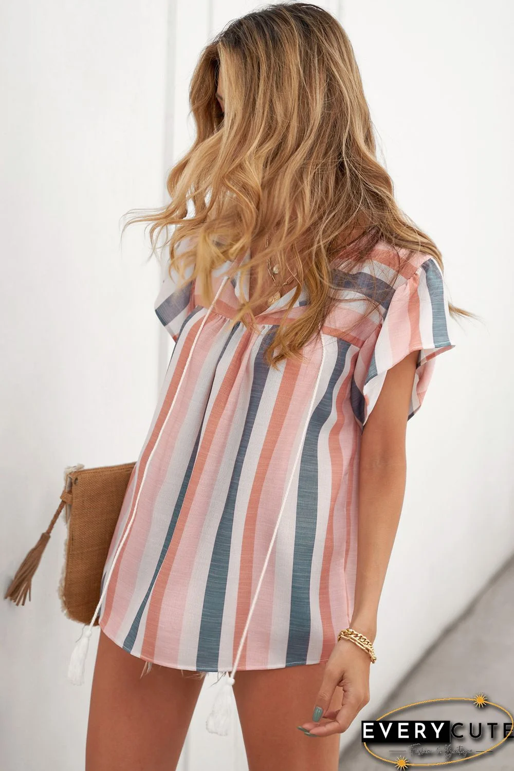 Multicolor Stripes Split Neck Pleated Ruffled Short Sleeves Top