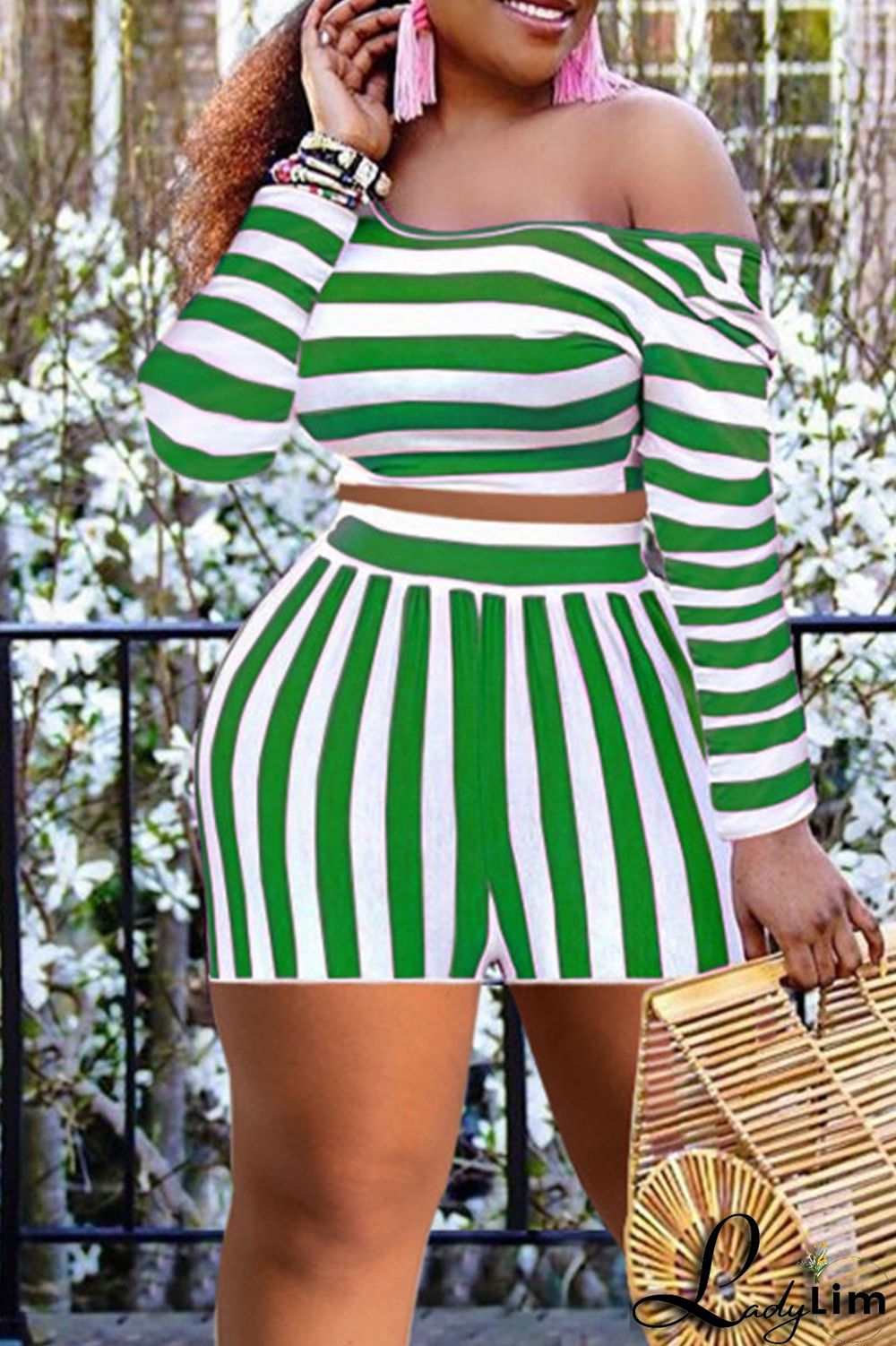 Blue Casual Striped Print Patchwork Asymmetrical Collar Plus Size Two Pieces