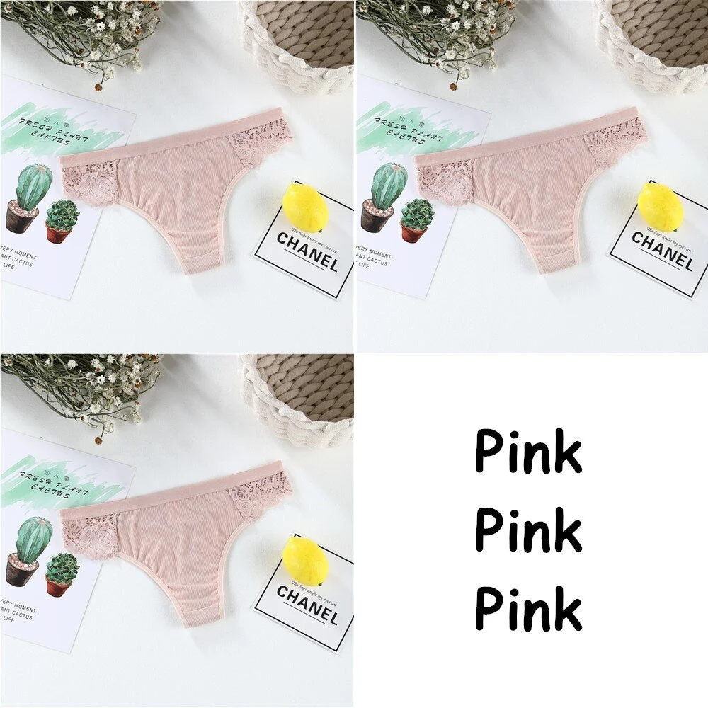 3pcs Sexy Women's Cotton G-String Thongs Panties Solid Lace Underwear Women Briefs Lingerie Underpants Ladies Low Rise Intimates