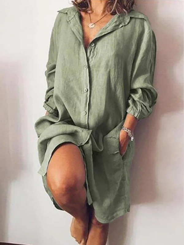 Cotton Casual Long-Sleeve Shirt Dress-Mayoulove