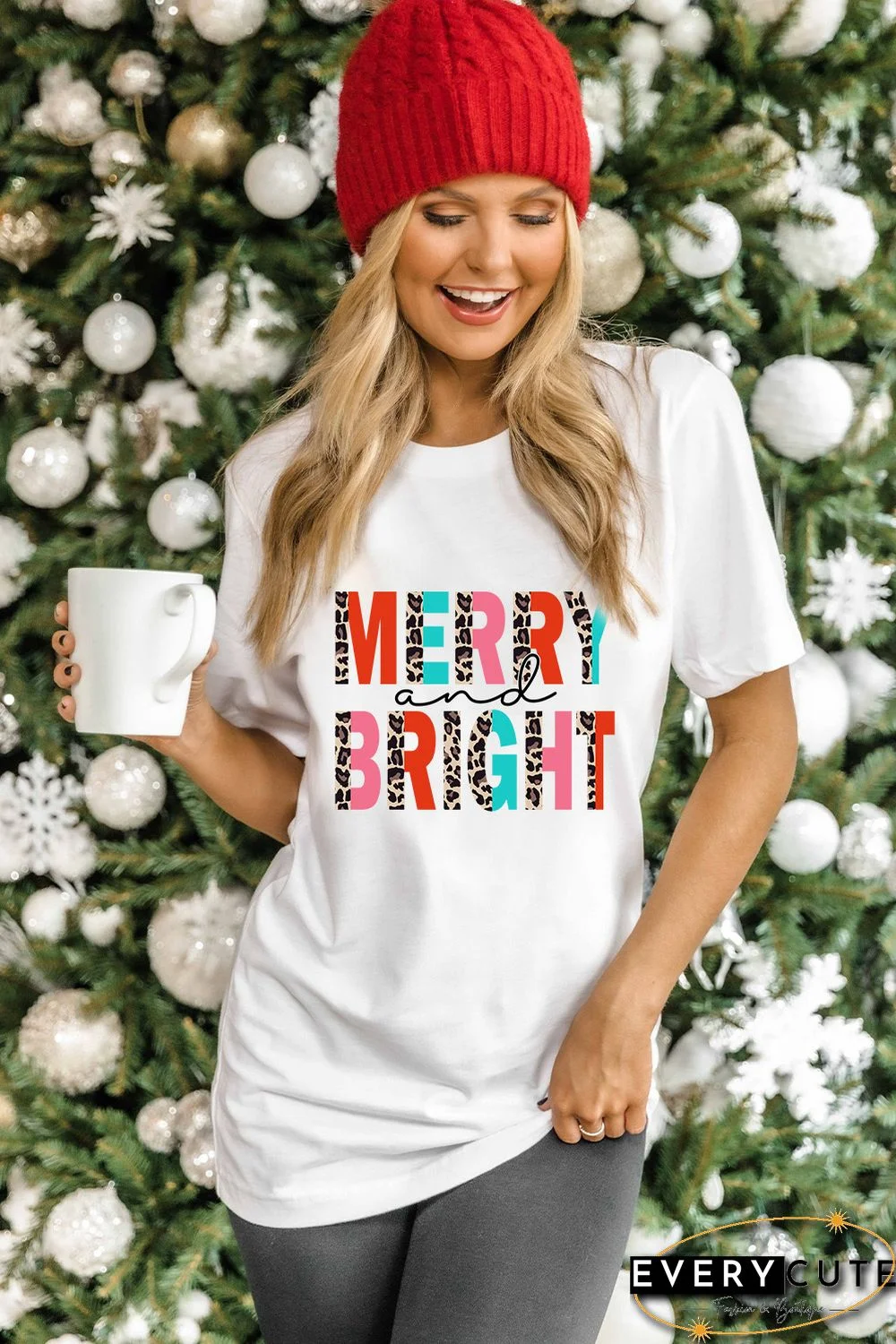 White Merry and Bright Leopard Print Short Sleeve Graphic Tee