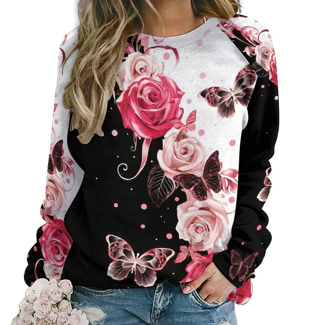 Printed Long Sleeve Casual Sweatshirt for  Women and Men Unisex Pattern Butterfly, Red, Black, Floral