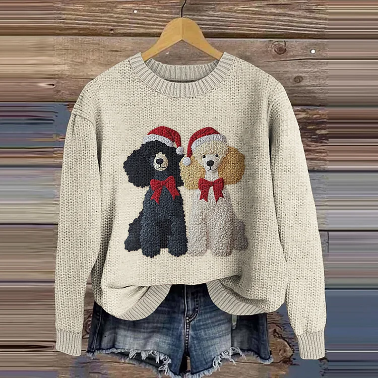 Fluffy Poodle Red Bow Puppy Knit Sweater
