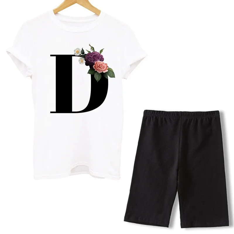 Women Two Piece Set Letter T Shirts And Shorts Sets Summer Short Sleeve O-neck Casual Biker Tracksuit Sexy Outfit For Woman 2