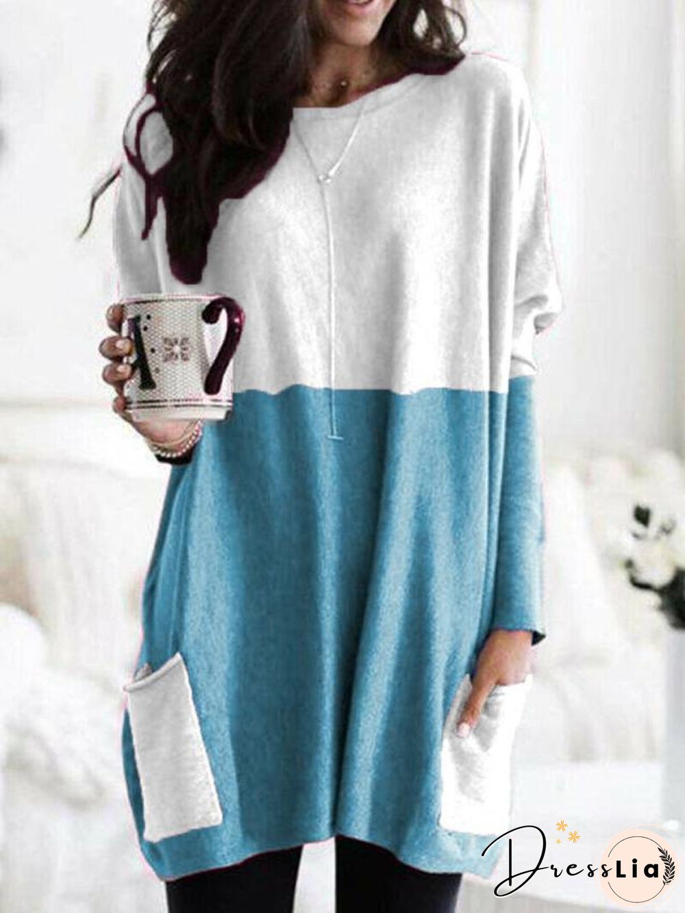 Hot Sale New Fashion Stitching Pocket Mid-length Loose Long-sleeved T-shirt Women