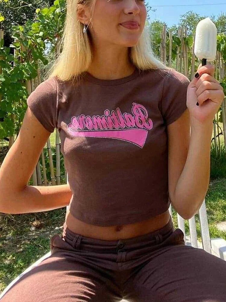 Jacqueline Summer 2022 Y2K Print Letter Crop Tops Women Fashion Cute Skinny Short Sleeve O Neck Baby T Shirts Aesthetics Kawaii