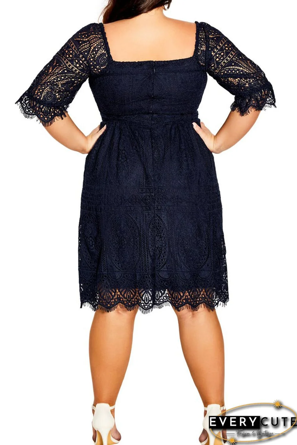 Black Eyelash Lace Square Neck Plus Size Dress