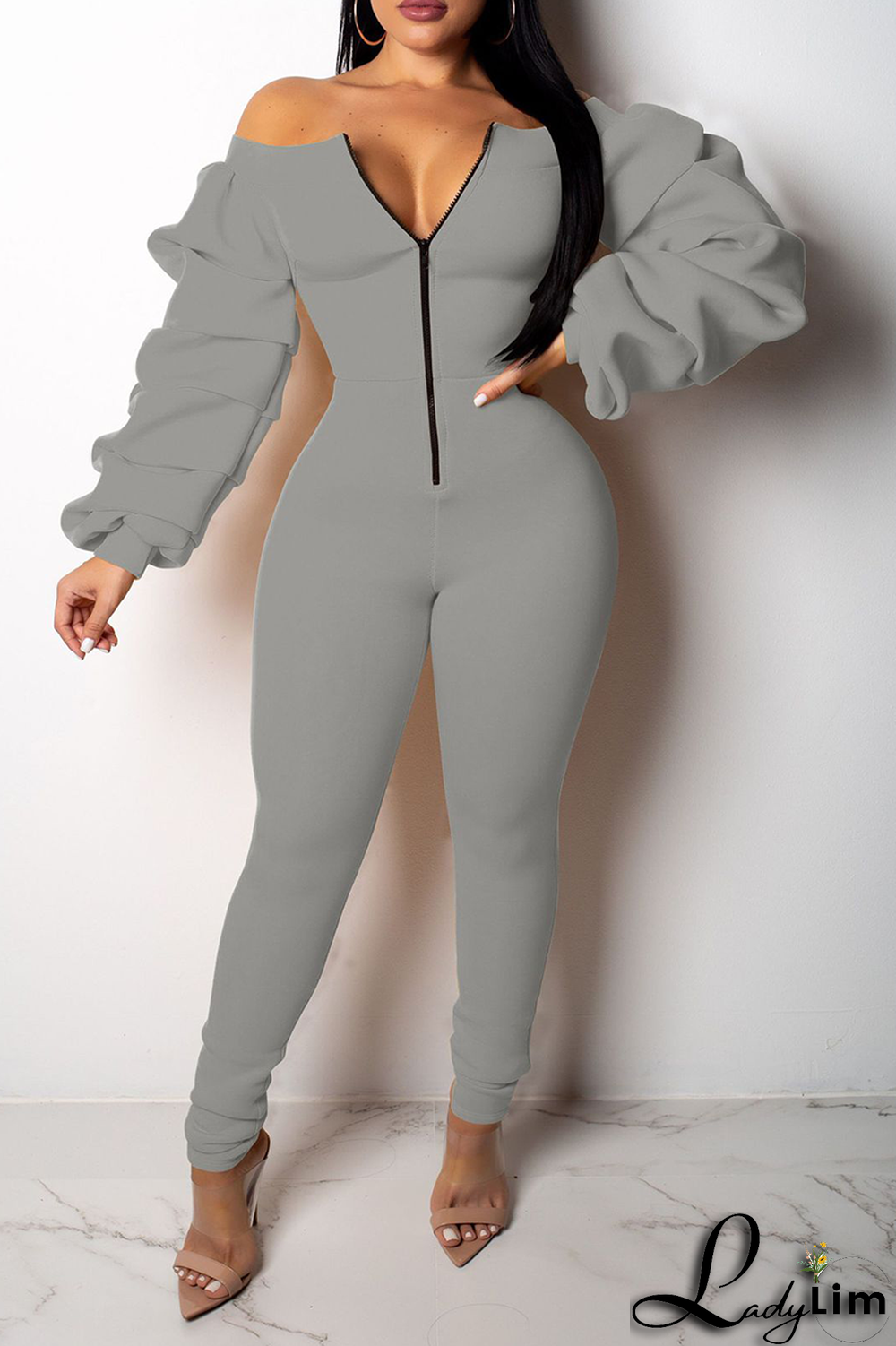 Black Sexy Solid Patchwork Zipper Collar Skinny Jumpsuits