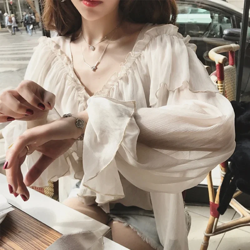 New V-neck Sexy Shirts Women See Through Boho Mesh Women's Blouse Summer Ruffle Flare Sleeve Elegant Tops Ruffles Blusas 13459