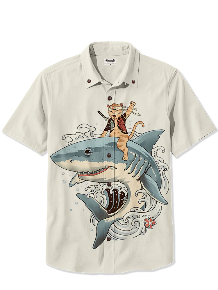 Warrior Cat Riding A Shark - 100% Cotton Shirt