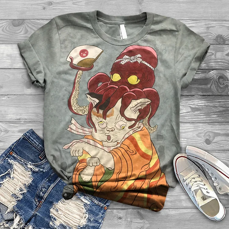 Japanese Cat Demon And Octopus Dancing Print Crew Neck T-shirt