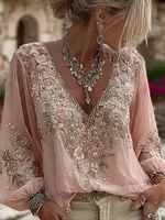 Women's Vintage Pink Floral Embroidered Art Pattern V-neck Long Sleeve Blouse