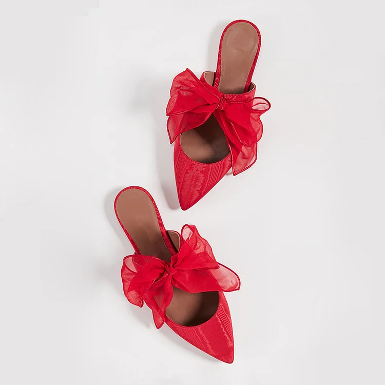 Red Pointy Toe Flats Bow Mule |FSJ Shoes