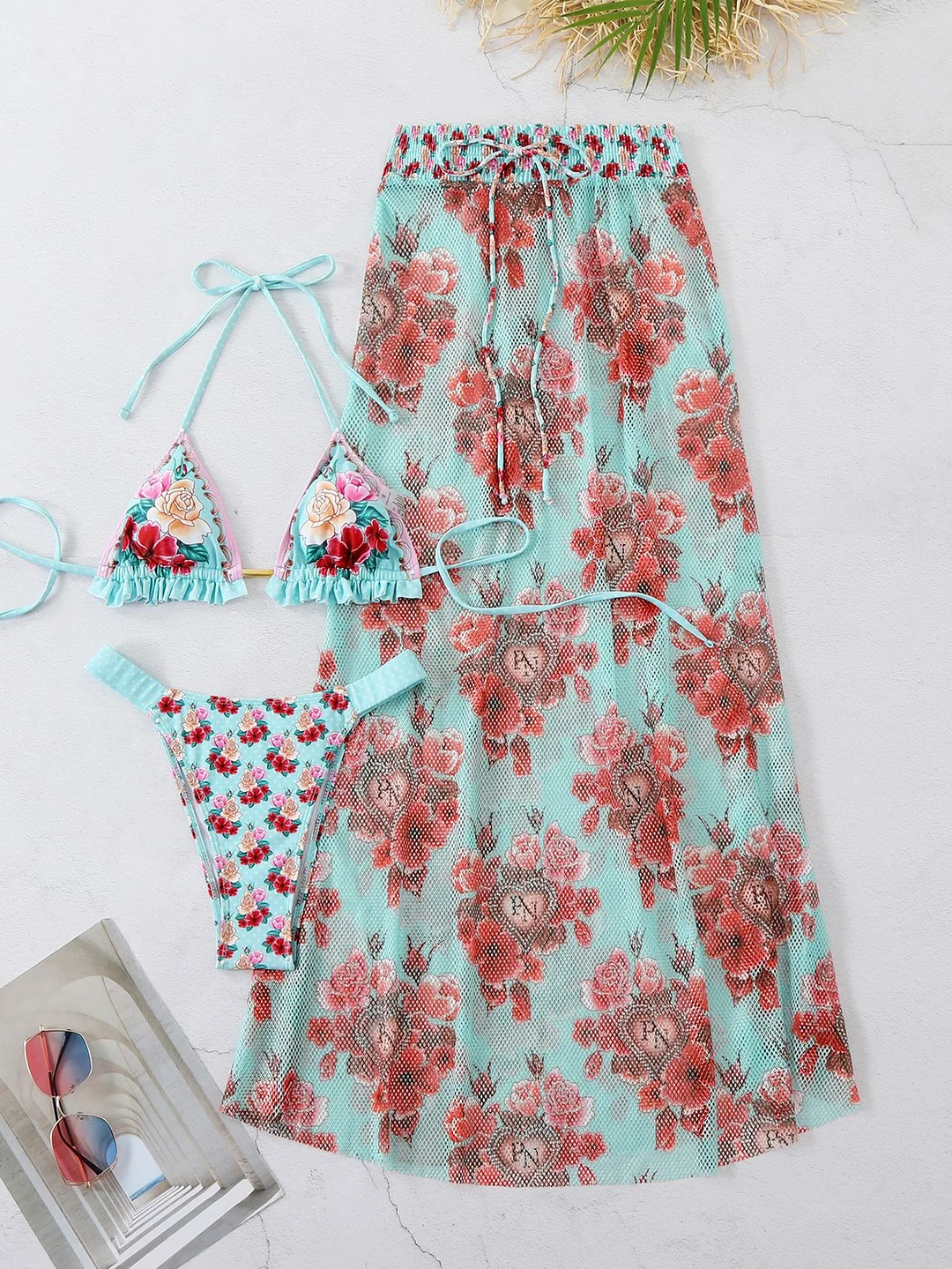 Uveng Three-Point Strap Bikini Skirt Three-Piece Set Retro Print 2025 New Split Swimsuit Lady