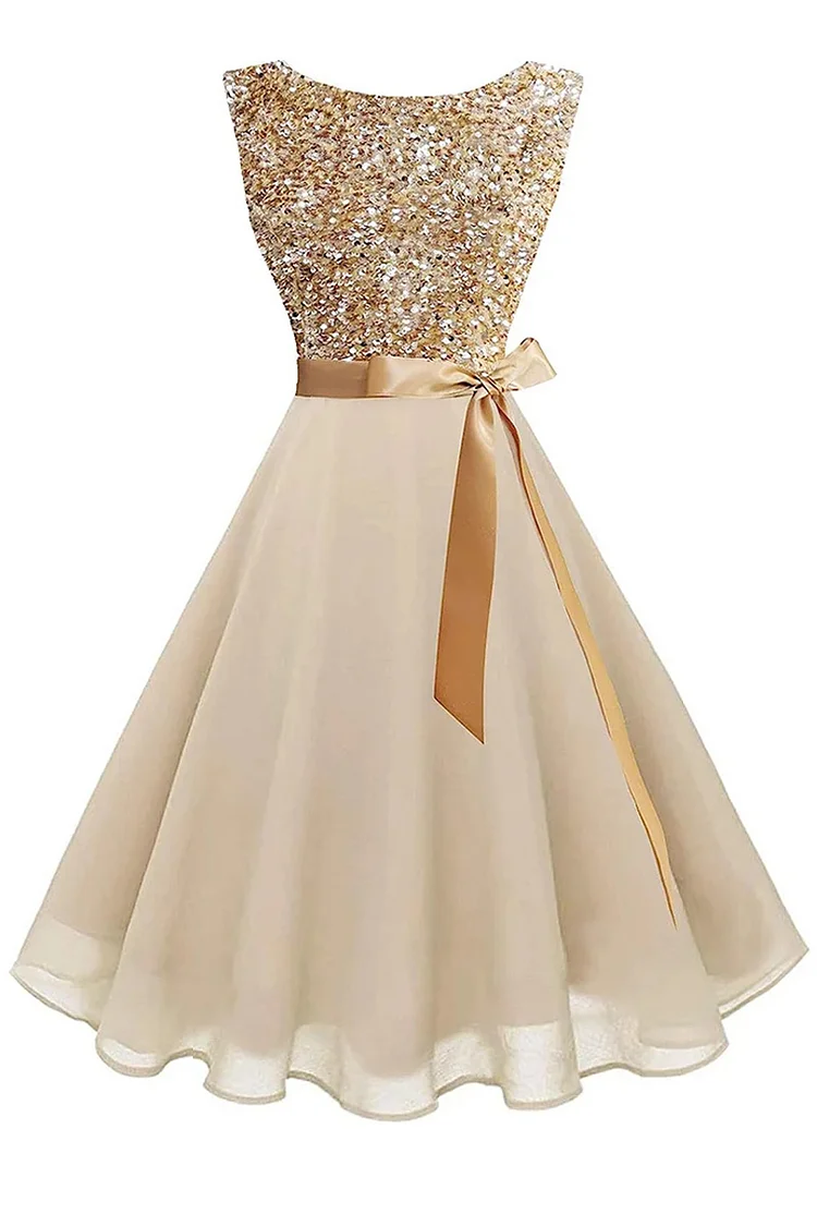 1950s Apricot Party Patchwork Sequin Waistband Double Layer Bell Midi Dress [Pre-Order]