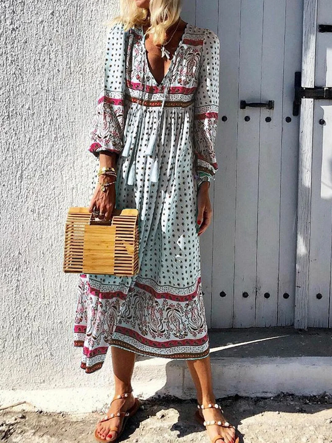 Paneled V-Neck Summer Dress Fashion 3/4 Sleeve Bohemian Dress