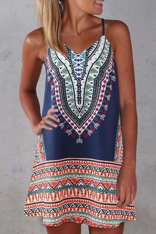 Womens Tribal Print Spaghetti Strap Casual Wear Dress-Allyzone-Allyzone