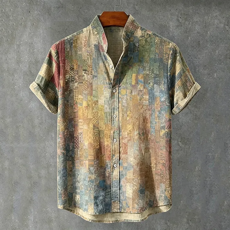 Men's Japanese Style Colorful Geometric Art Vintage Casual Short Sleeve Shirt