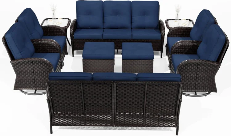 Outdoor Wicker Conversation Sets with Swivel Rocker Chairs and Sofa, Thick Cushion, Rattan Patio Sectional for Porch, Deck Use