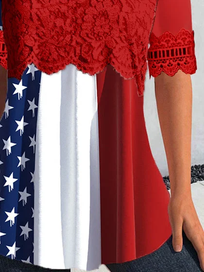 Women's Short Sleeve Scoop Neck Lace Stitching Graphic Top