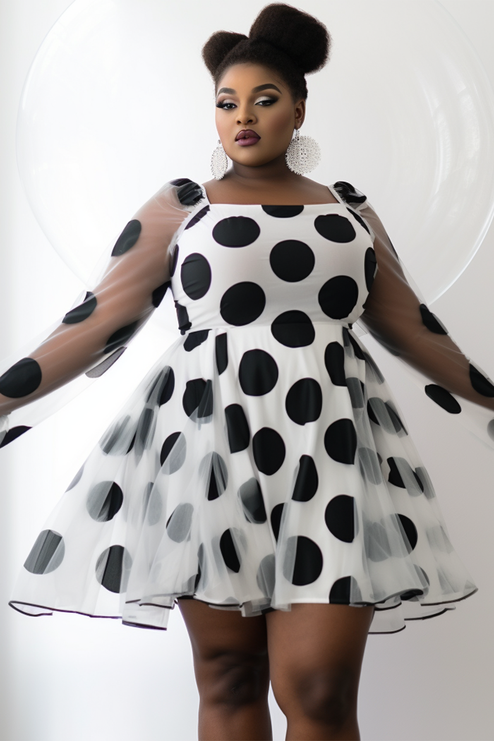 Design Plus Size White Polka Dot Square Neck Long Sleeve Chiffon Mini Dresses [Pre-Order]