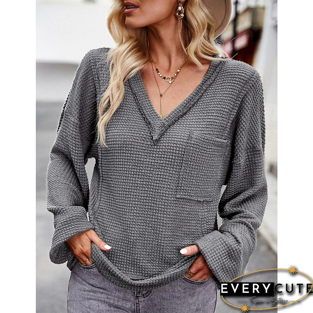 Gray V Neck Waffle Pocket Long Sleeve Tops