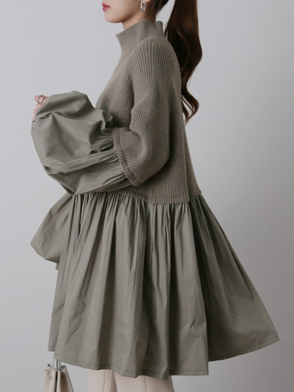 Pleated Bishop Sleeves Patchwork Sweater