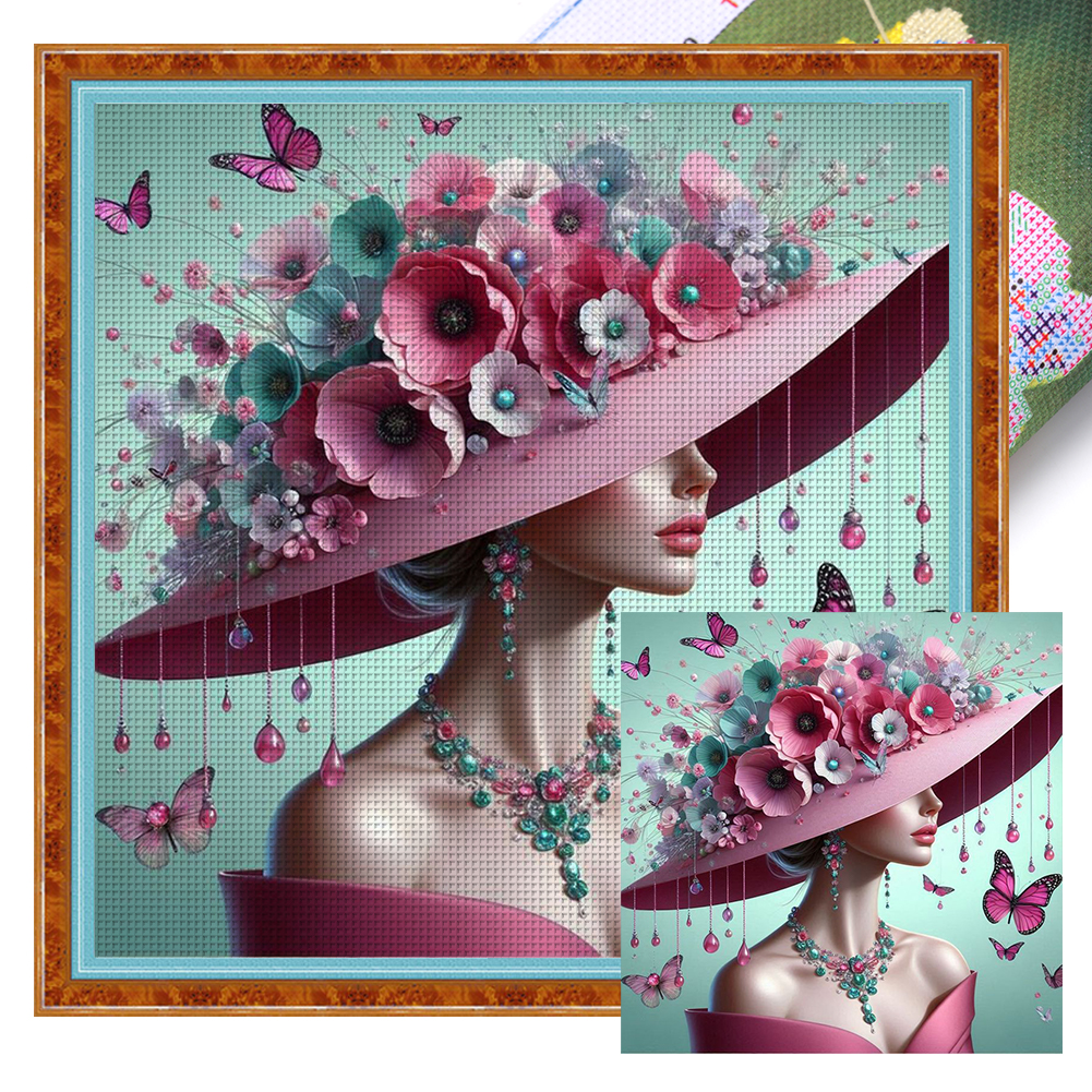 Girl With Flower Hat Full 14CT Pre-stamped Canvas(50*50cm) Cross Stitch