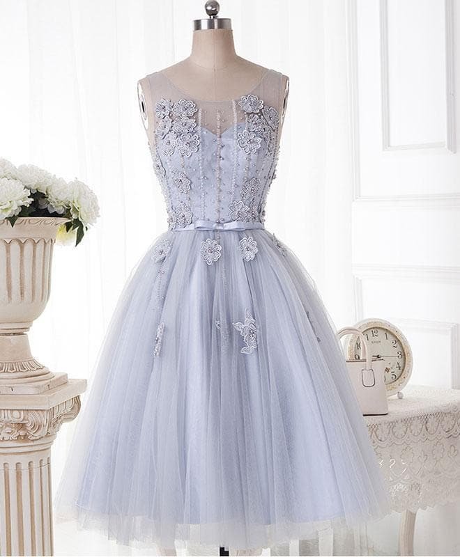 Cute Gray Round Neck Lace Tulle Short Prom Dress