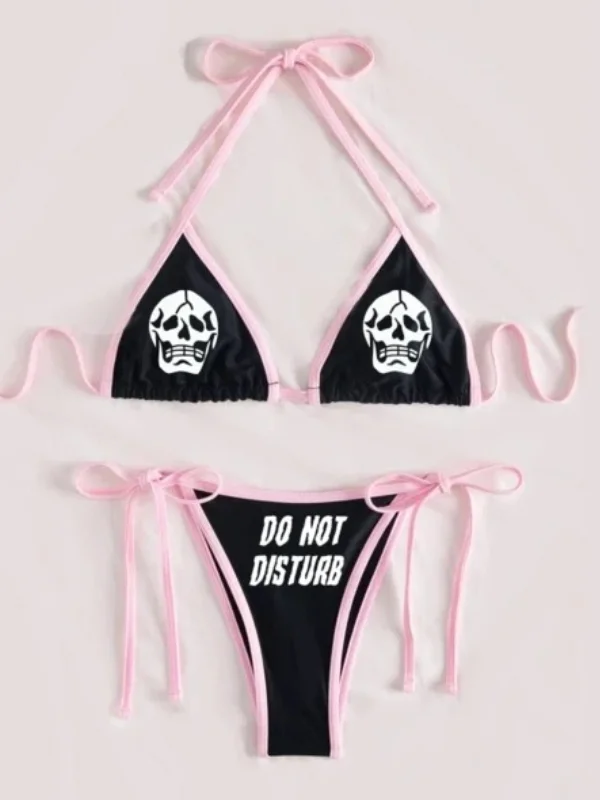 Skull&letter Printed Color Block String Bowknots Halter Bikini Two-piece Sets Swimwear