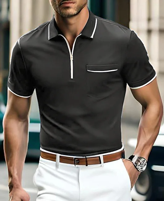 Contrast Binding Turndown Collar Zipper Short Sleeve Polo Shirt 